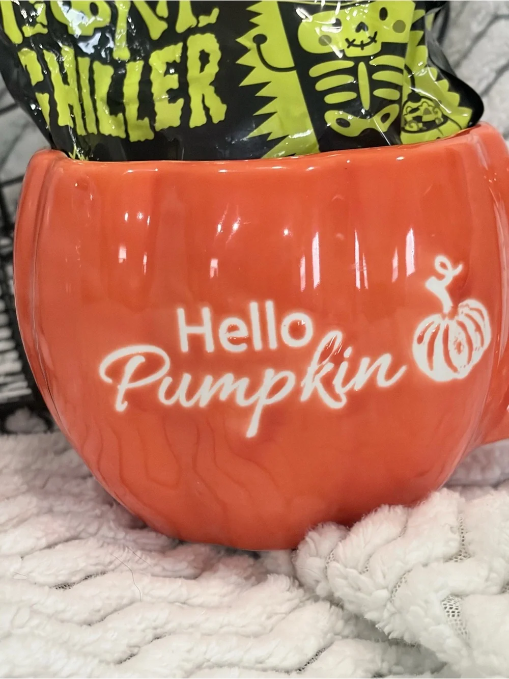 Hello Pumpkin Orange Ceramic Mug with White Ghost Accent Mug